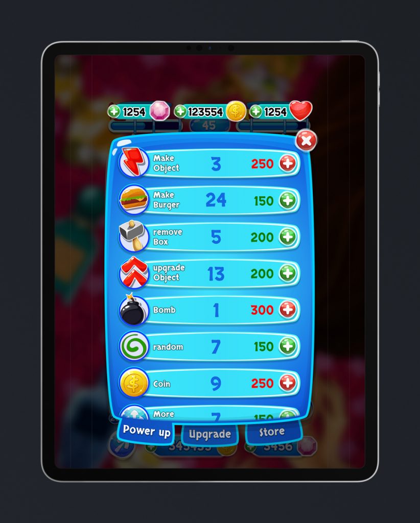Match 3 Mobile Game Glossy UI Design - Power Ups Menu