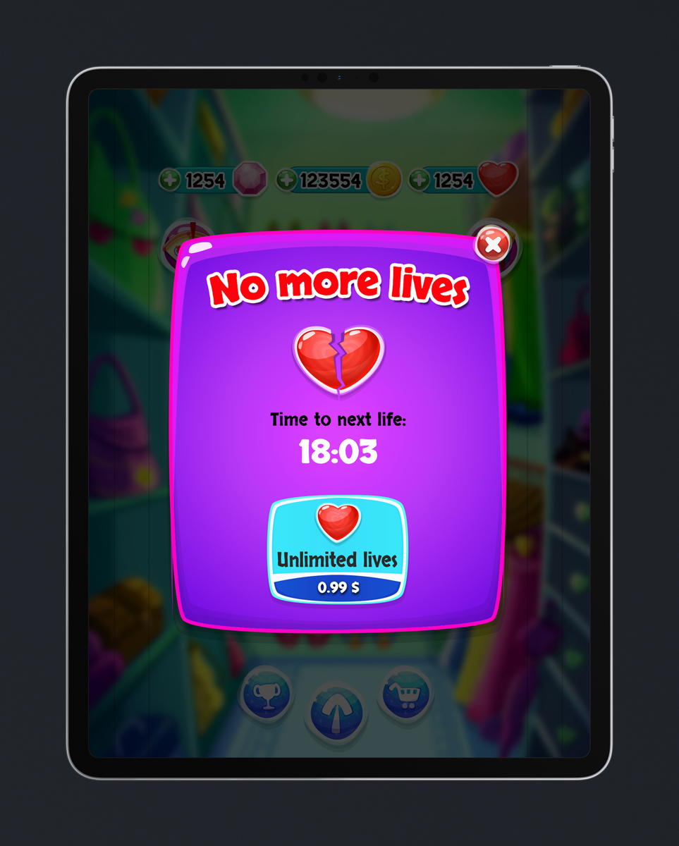 Match 3 Mobile Game Glossy UI Design - No More Mives Pop Up