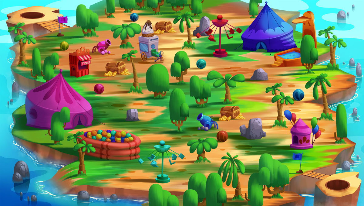 2D Game Environment Design - Circus on island (tents, cannon, springs, chests, trees, ticket & ice cream stand)