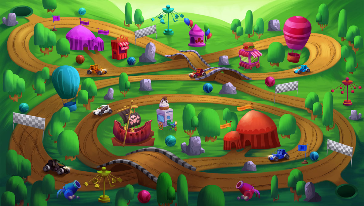 2D Game Environment Design - Circus in Racing Track (tent, cars, cannon, springs, drum)
