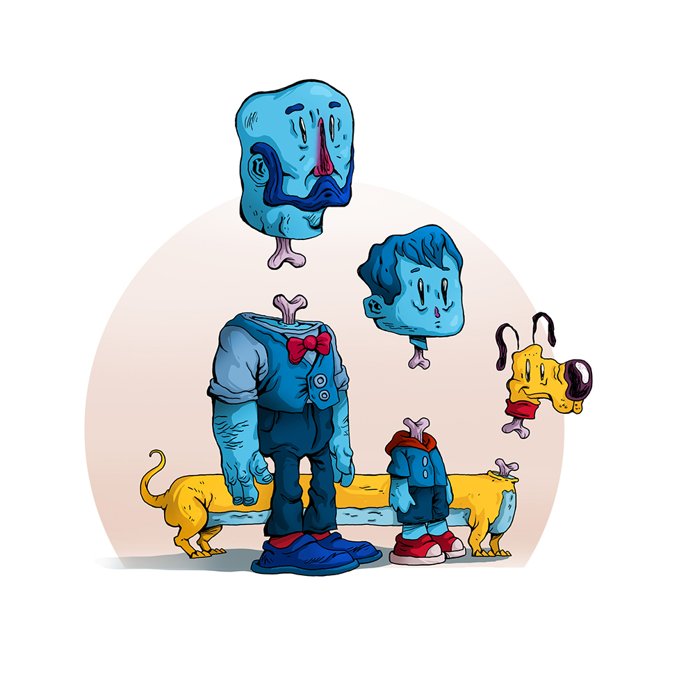 Zombie Man, Son and Pet Dog 2D Illustration