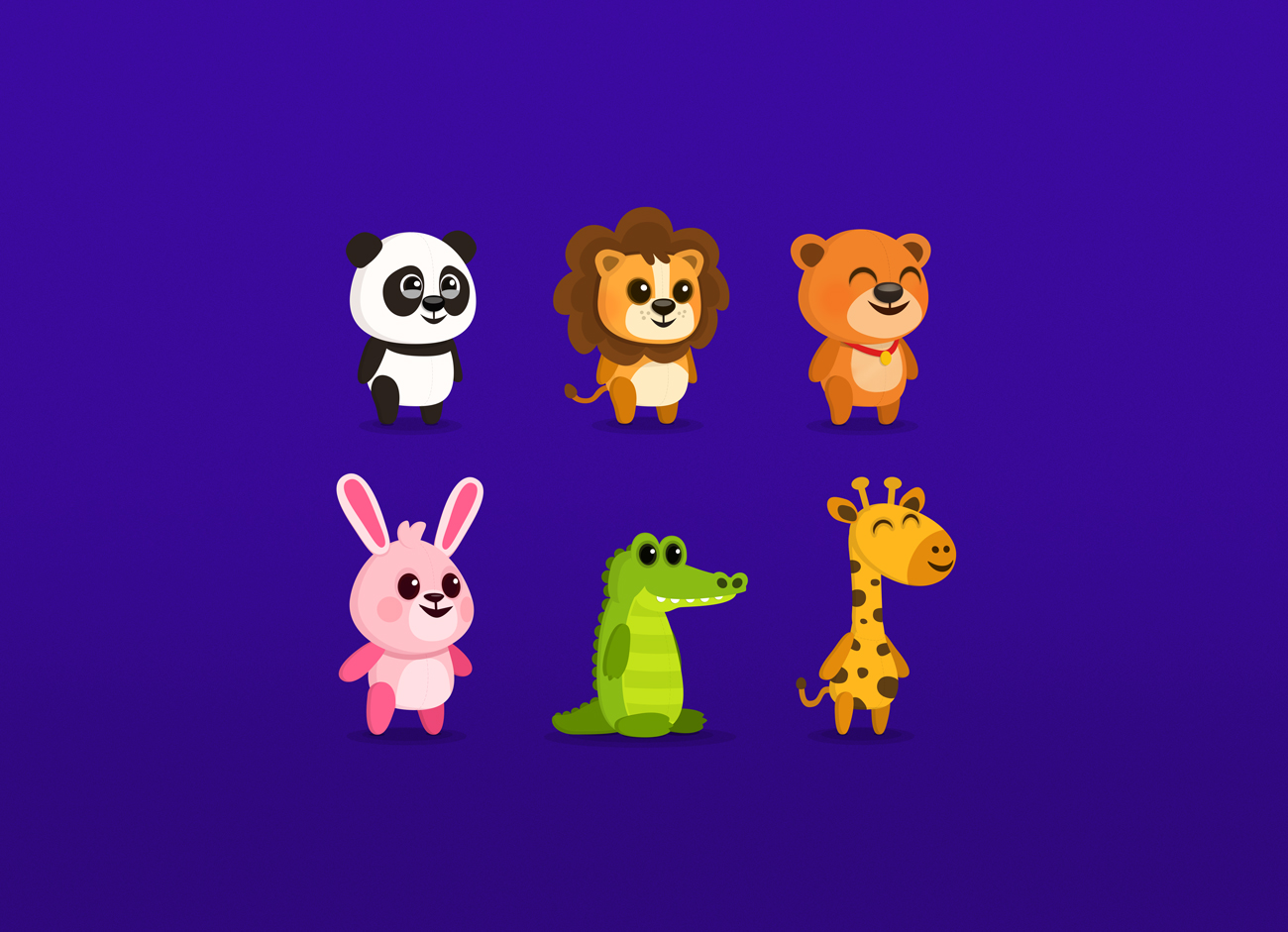 Panda, Lion, Bear, Rabbit, Alligator, Giraffe children's educational game vector character design