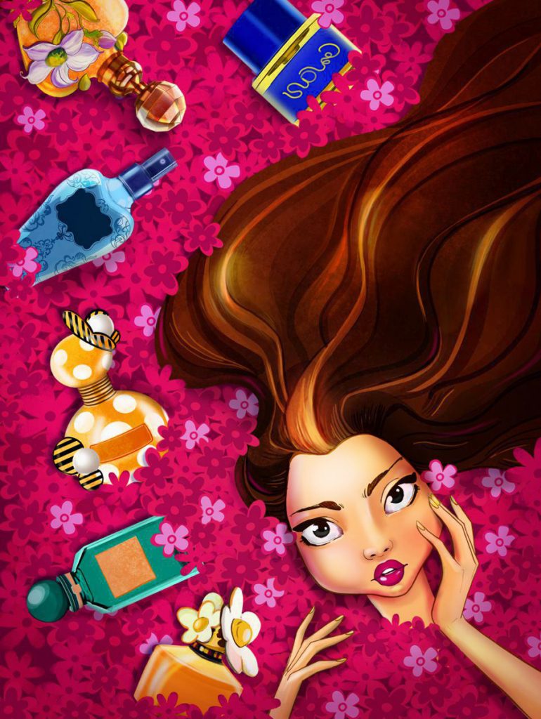 Millennial Fashion Girl In Perfumes and Flowers Female Game Character Design - 2D Illustration