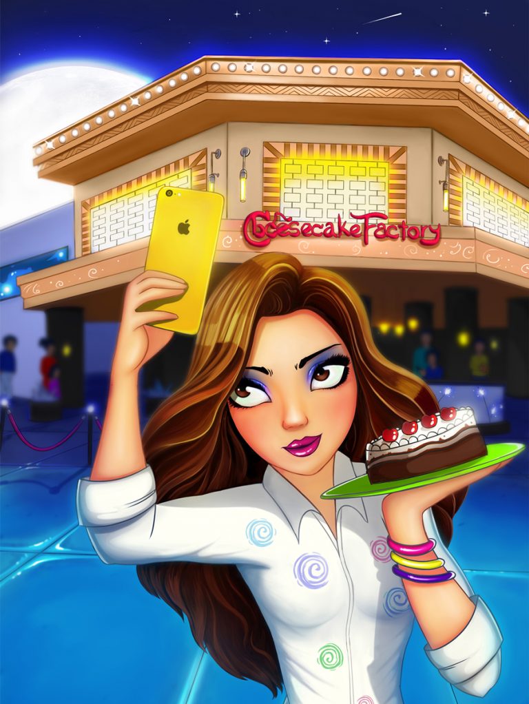 Millennial Girl Taking Selfie In Cheesecake Factory Female Game Character Design - 2D Illustration