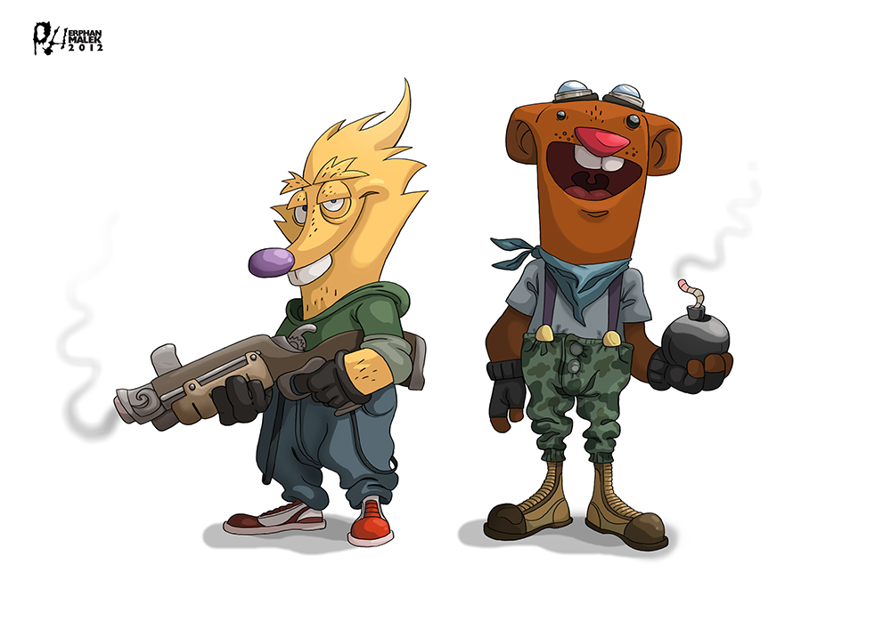 Wolf and alpaca holding weapons 2D illustration