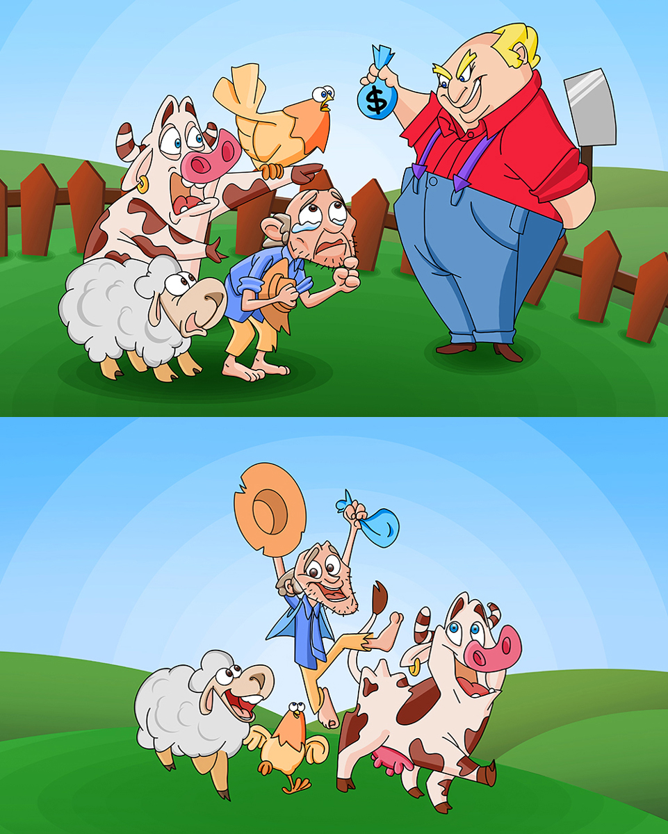 Poor Farmer Save His Animals From Butcher - Animal Character Design 2D Vector Illustration