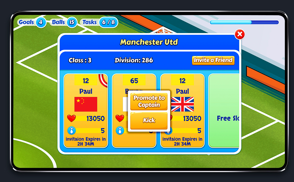 Soccer Mobile Game Blue UI Design - Team Competition