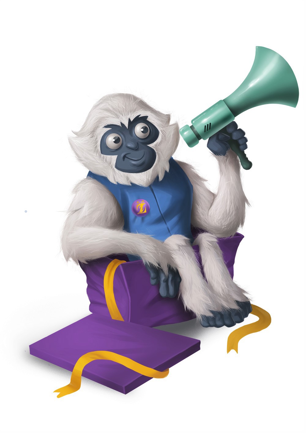 White monkey sat in a box holding a loudspeaker - Digital Painting