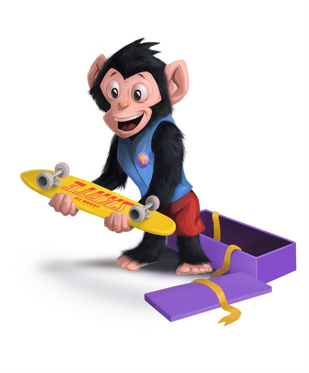 Black monkey in suit opened his skate gift - Digital Painting