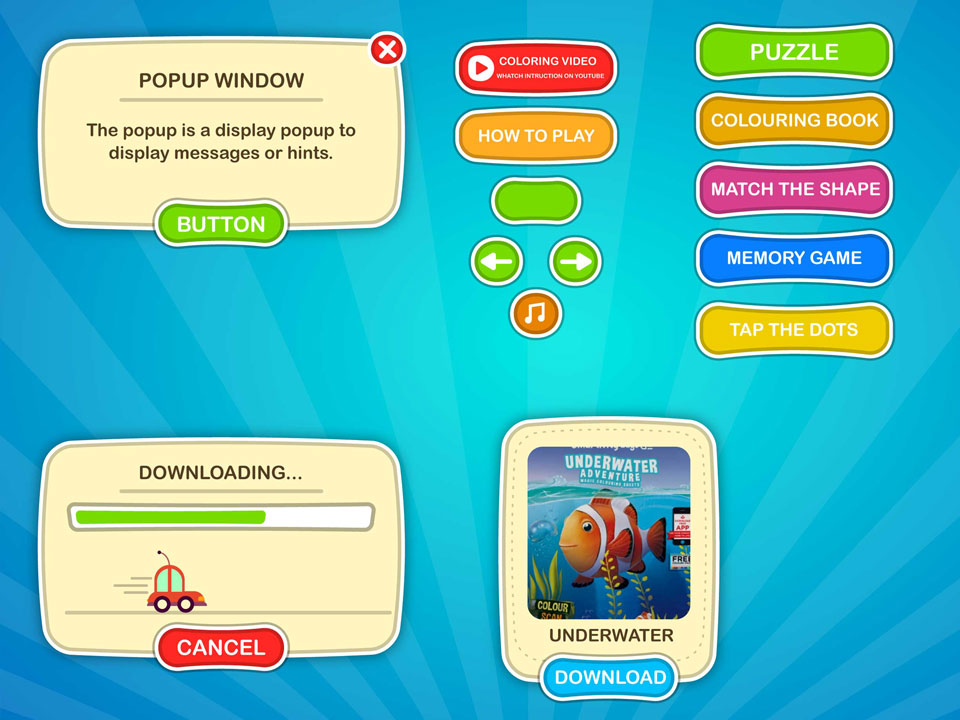 Children's Educational Mobile Game Vector Flat Cartoon UI Design - Assets Pack (Buttons, Popup, Downloading Popup, Download Popup)