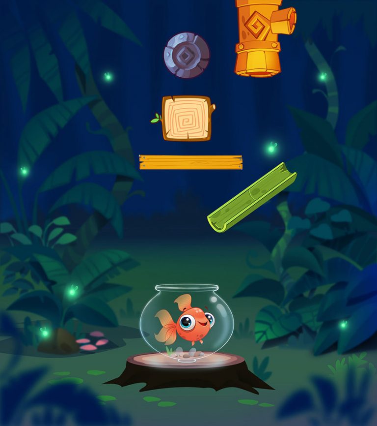 Fish in the forest at night - Water Puzzle Mobile Game Background Design