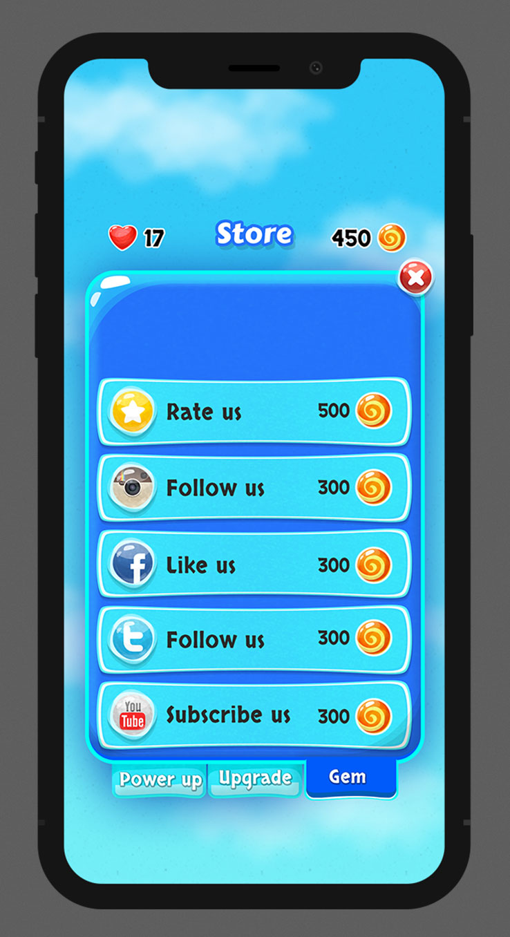 Casual Mobile Game Blue Glossy UI Design - Free Store Menu