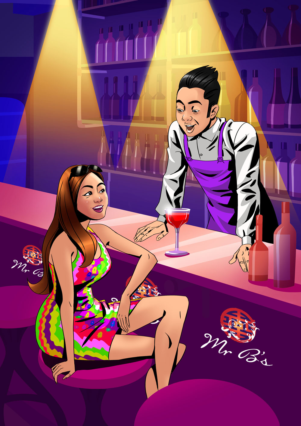 Bartender guy meets attractive girl in his bar - 2D illustration