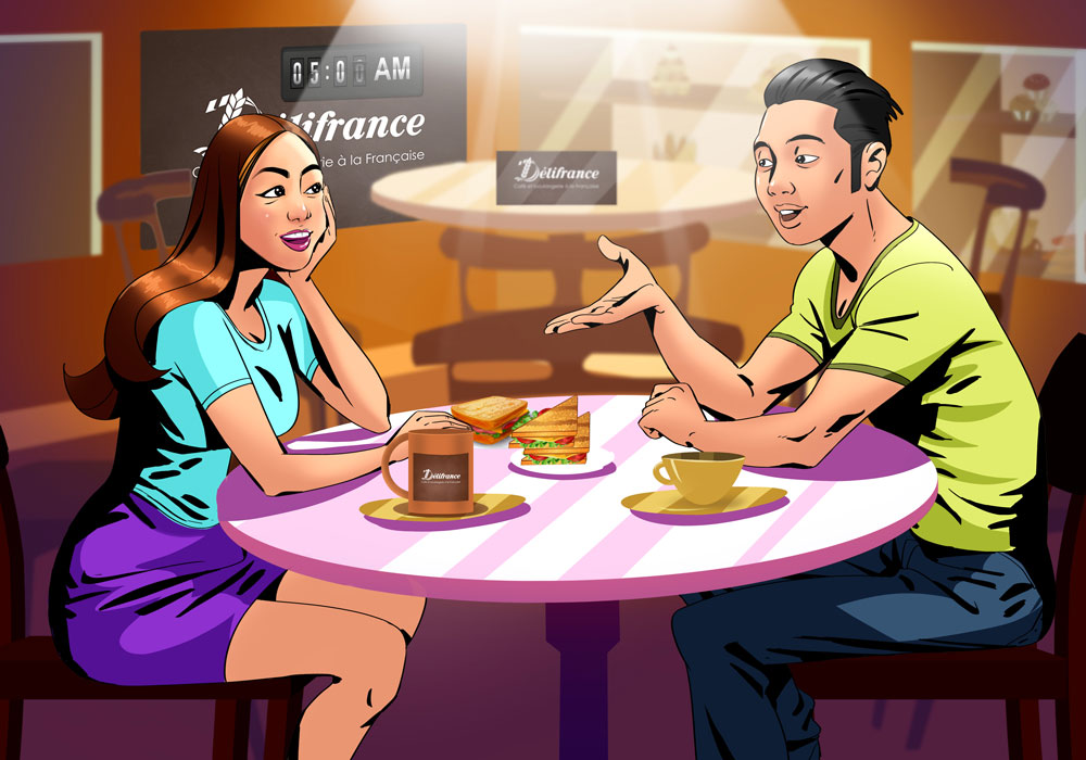 Guy has a date with his girlfriend in an ordinary cafe - 2D illustration
