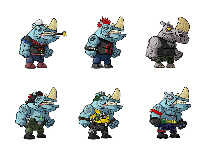 Cartoon rhino in different costumes mobile game character design