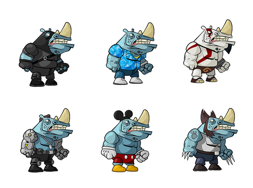 Cartoon rhino in different costumes (theif, god of war, mickey mouse, wolverine) mobile game character design