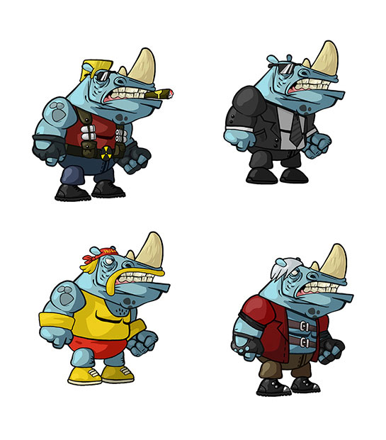 Cartoon rhino in different costumes mobile game character design