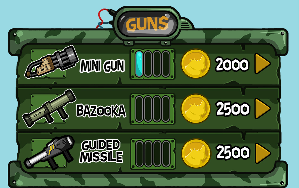 Mobile game green vector UI design - Upgrade guns menu