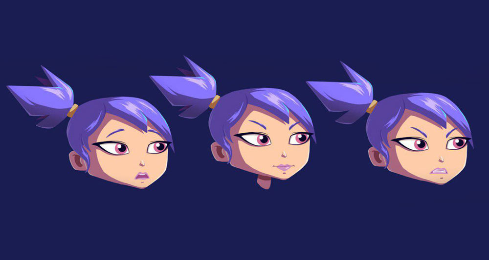 Girl with purple hair different facial expressions - 2D game character design