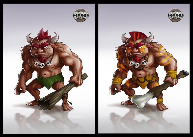 Mythical monster warrior holding a big stick - Fighting 2D Mobile Game Character Design