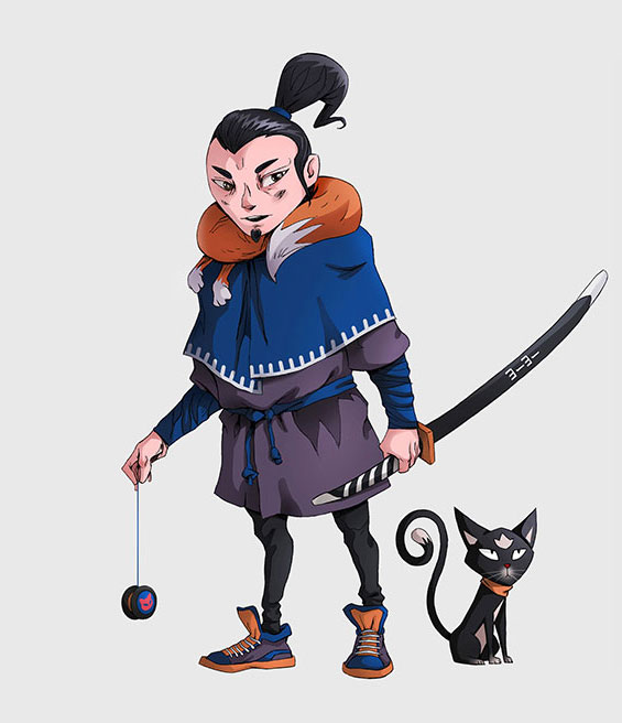 Samurai holding a sword with his cat - 2D illustration