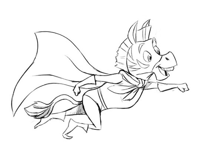 Flying zebra hero with a cape drawing sketch