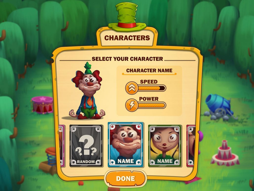 Crazy Clowns - mobile game ui - character select UI - fun UI