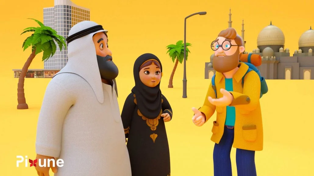 Arab Man And Woman With Hijab Talking To A Tourist 3D Animated Explainer Video