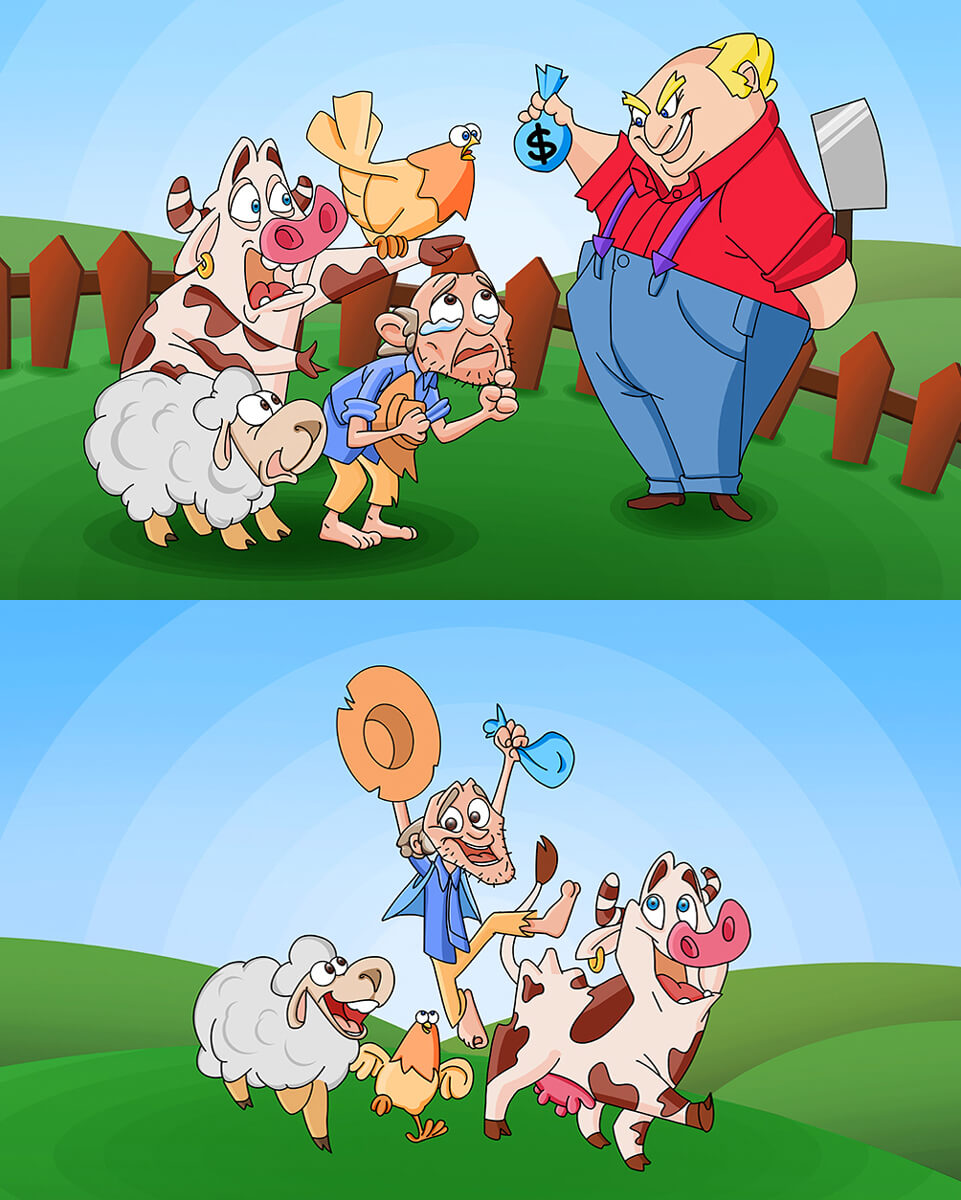 Poor Farmer Save His Animals From Butcher Animal Character Design 2D Illustration 1 Min