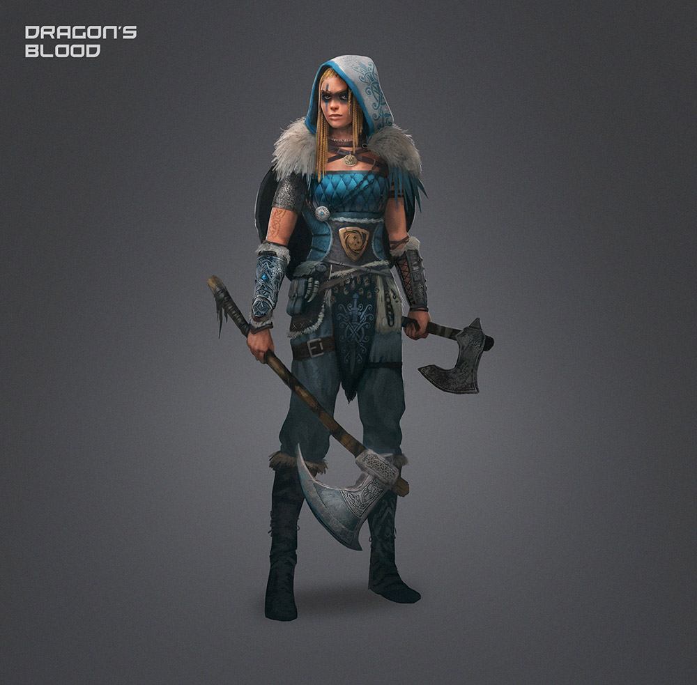 Dragon Blood Holding Axes Blue Dress Female Game Character Concept Art