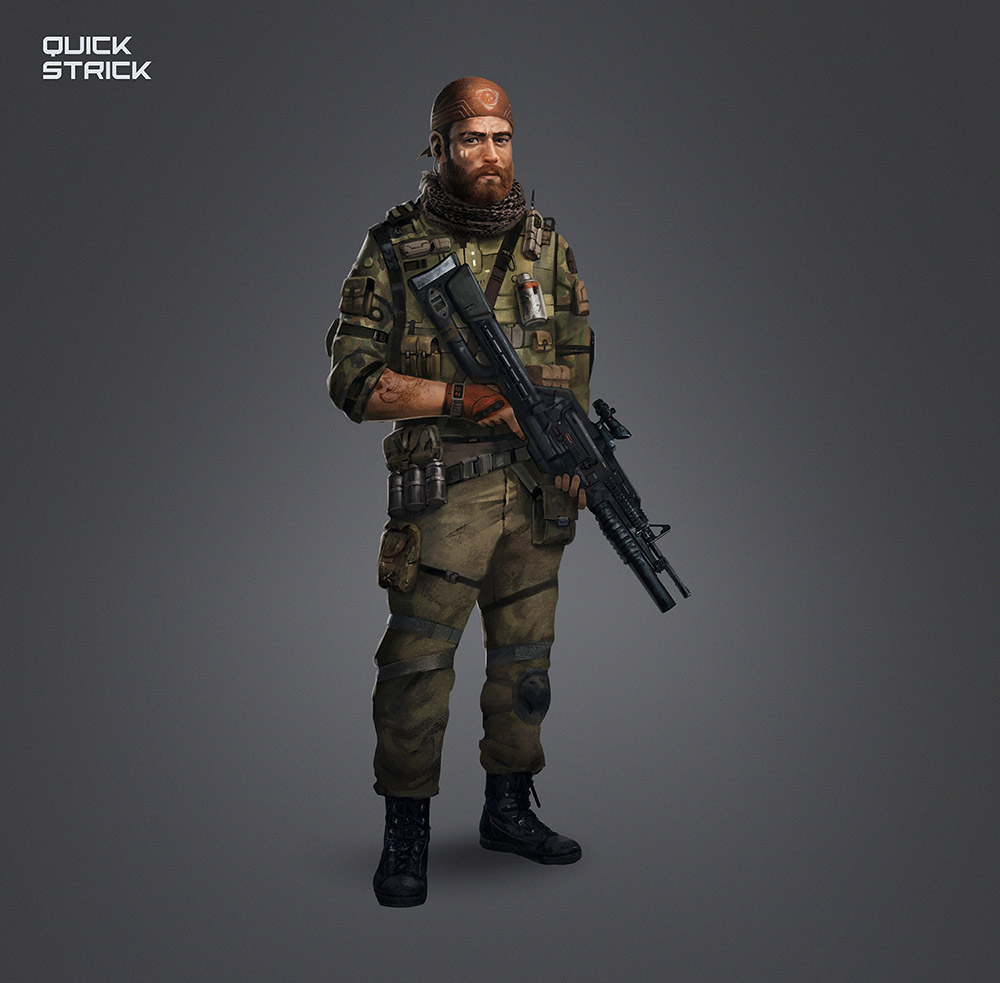 Quick Strick Beard Holding Gun Wearing Camouflage Male Game Character Concept Art
