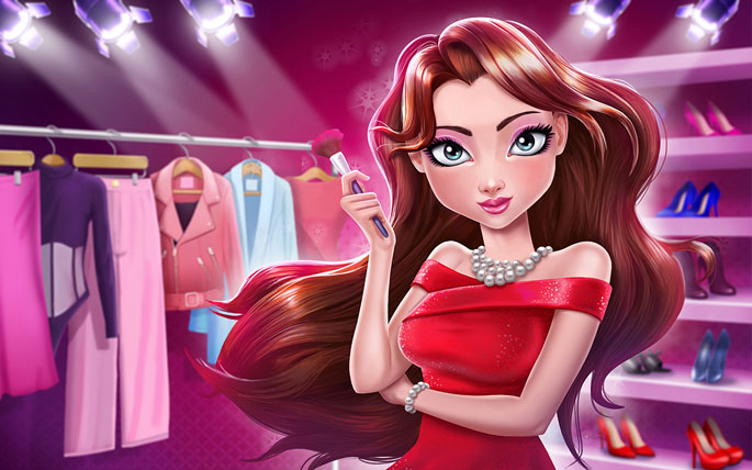 2D Game Girl Character with a Red Dress in Closet Room