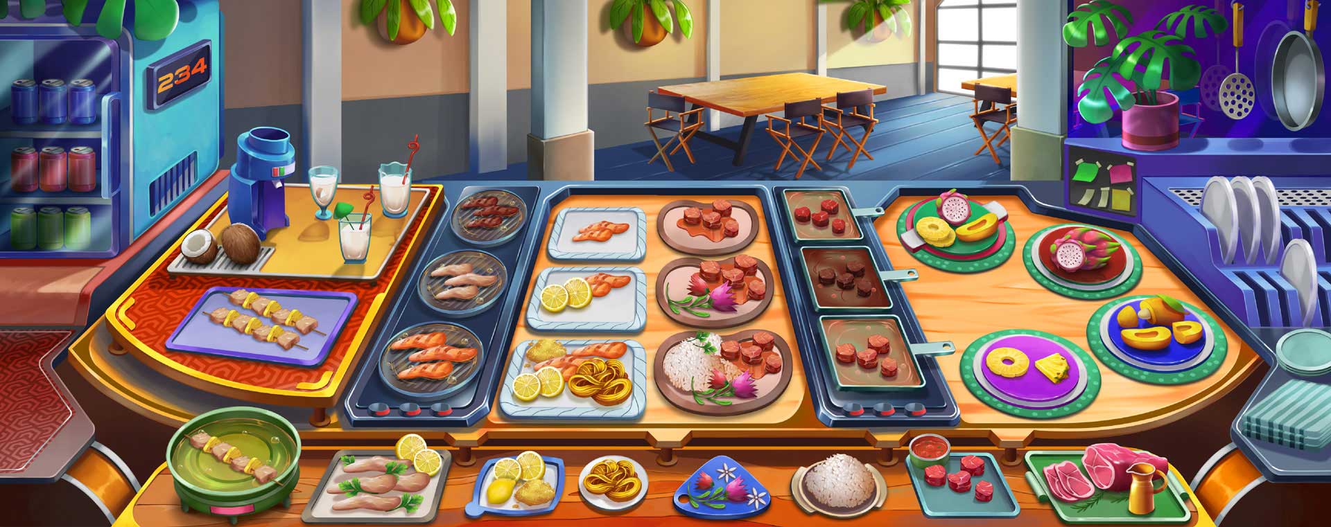 Game illustration of a restaurant environment with a table full of food.