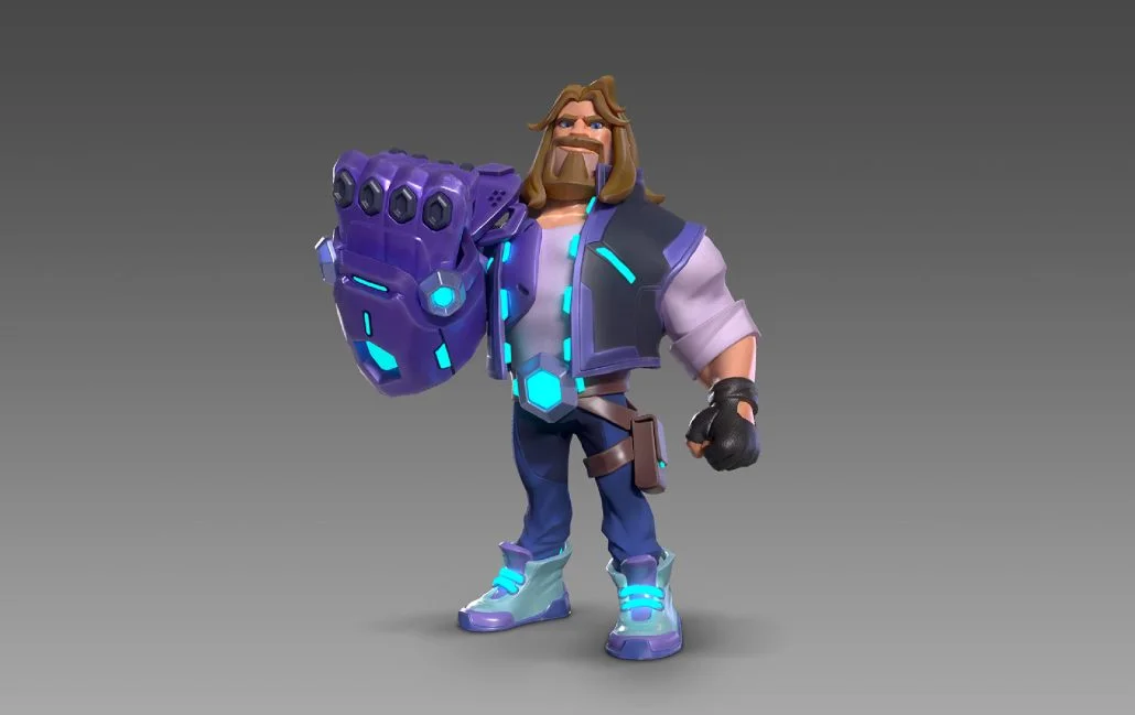 3D male character with a robotic hand