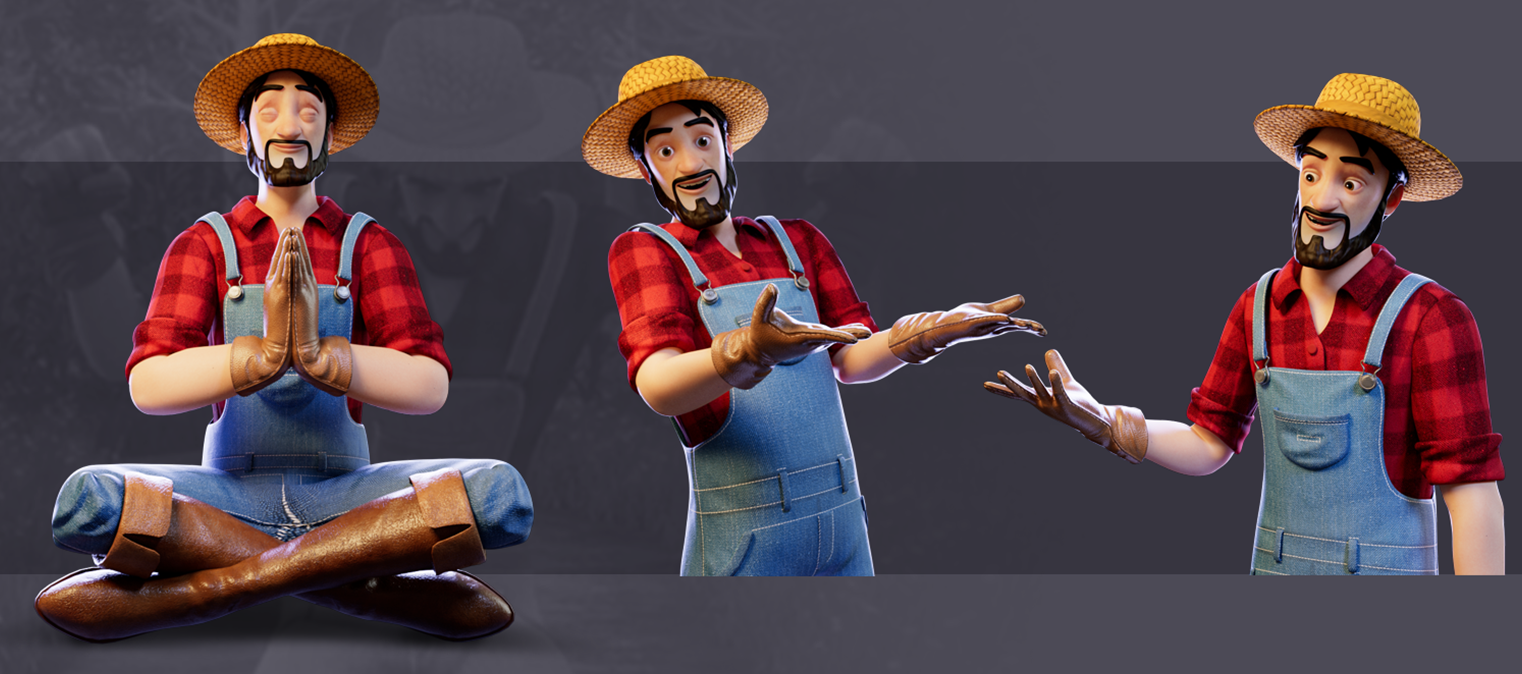 3D Farmer Character Modeling with 3 Poses