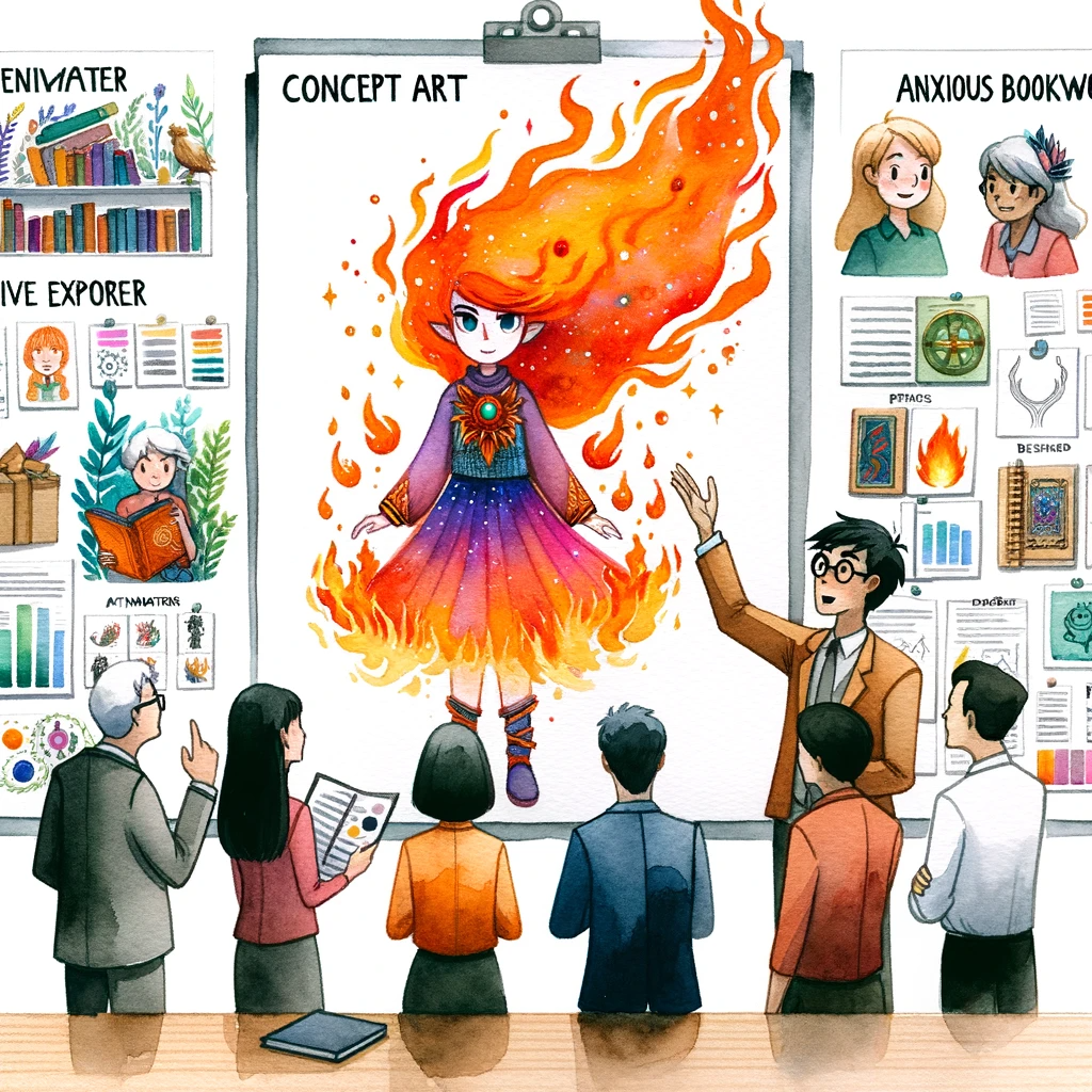 Watercolor-painting-of-an-artist-presenting-a-concept-art-of-a-fire-goddess.-The-character-is-vibrant-with-flames-for-hair-and-a-fiery-aura