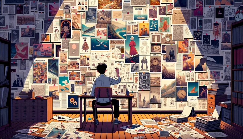 Illustration-of-a-character-designer-studying-a-large-wall-filled-with-pictures-articles-and-references-from-different-cultures-and-time-periods