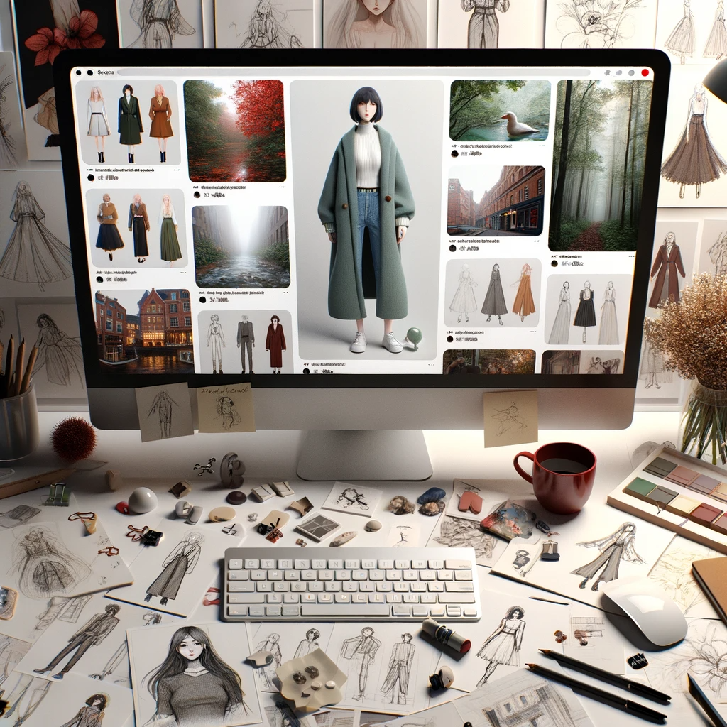 Digital-rendering-of-a-character-designers-workspace-with-a-computer-screen-displaying-a-Pinterest-board-full-of-fashion-nature-and-architectural