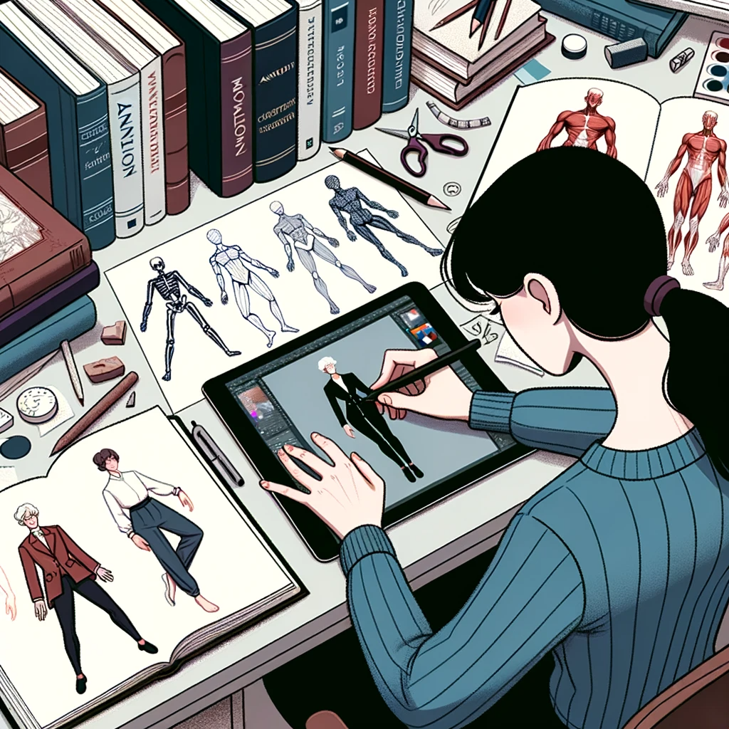 Illustration-of-a-meticulous-artist-at-a-drawing-desk-surrounded-by-reference-books-on-anatomy-motion-and-fabric.-On-her-tablet-a-character