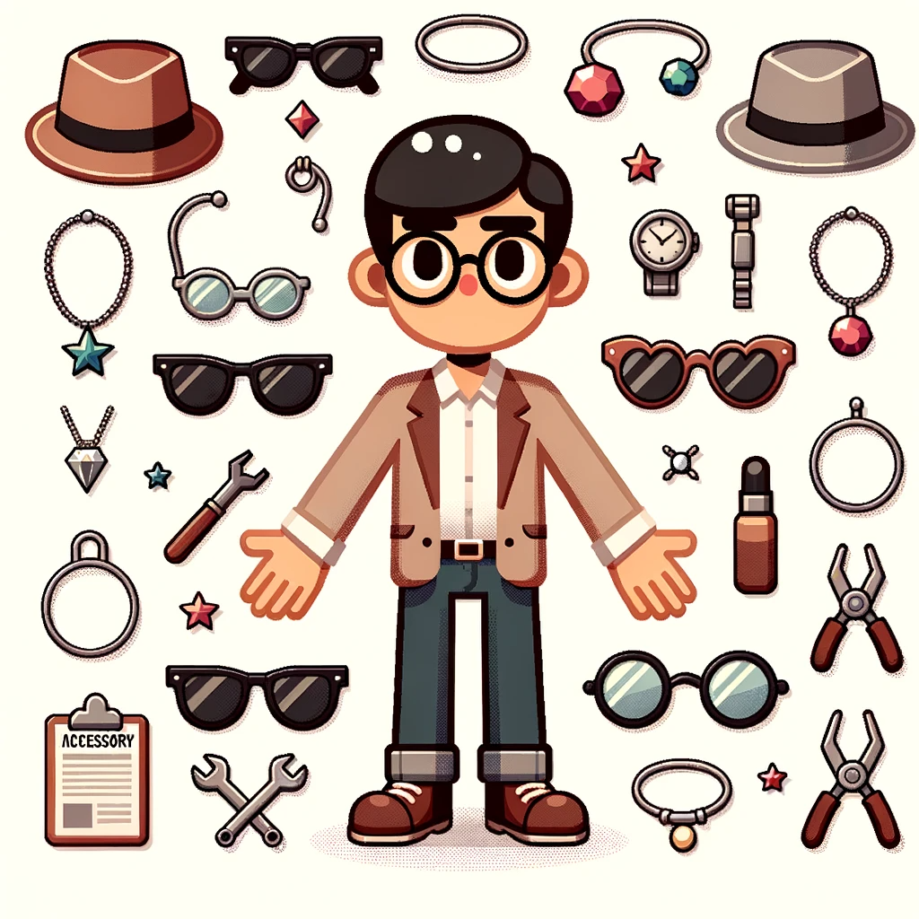 Vector-design-of-a-character-standee-surrounded-by-various-accessories_-glasses-hats-jewelry-and-tools.-Each-accessory-hovers-as-if-being-considere
