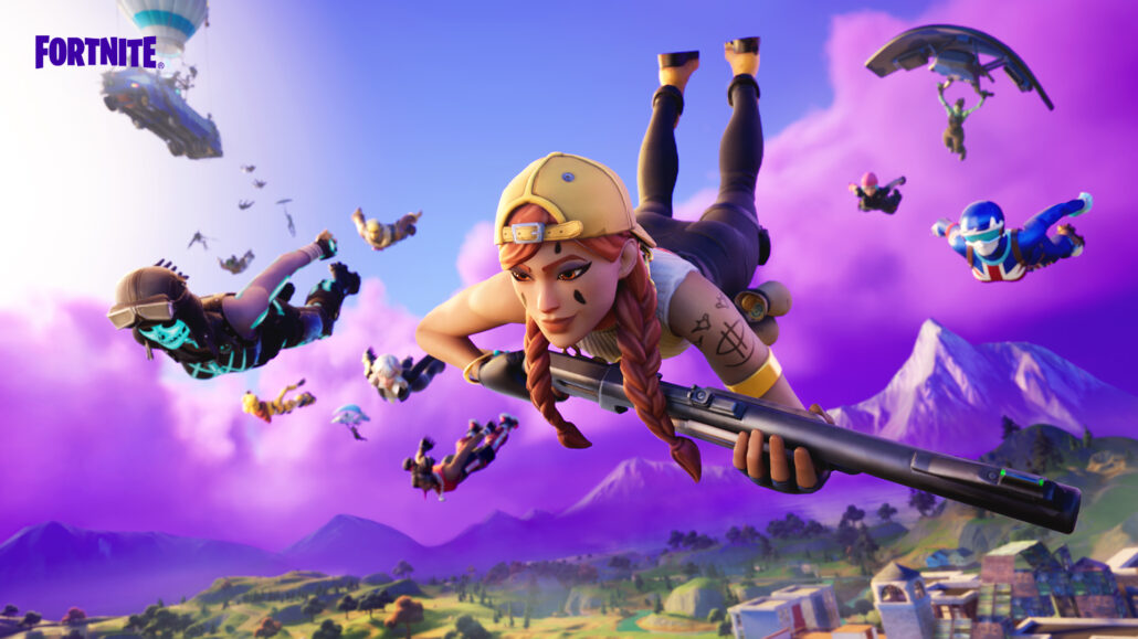 cgi, woman diving from sky, purple clouds, fortnite
