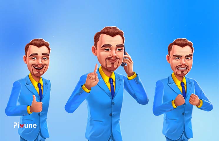 2D game character design of business man in a blue suit showing different emotions