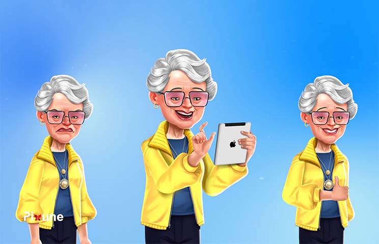 2D game character design of an old lady showing different emotions