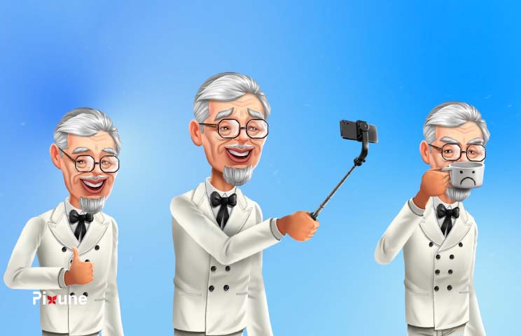 2D game character of an old man in a white tuxedo holding different poses