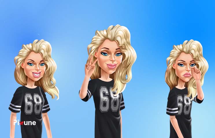 2D game character design of a blond woman in a black sporty shirt showing different emotions