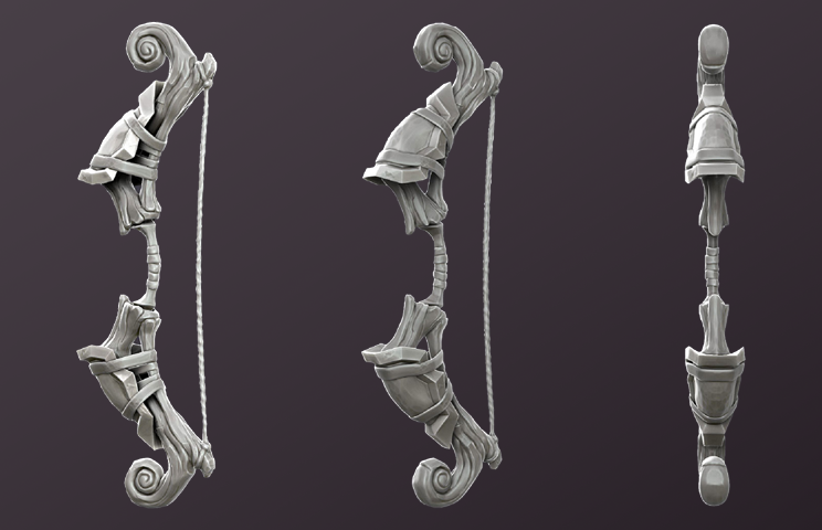 3D Game asset sculpting - 3D art - 3D sculpting - 3D sculpt of a fantasy-themed bow shown from three angles