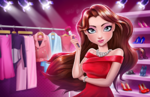 2D game art of a girl in a red dress inside a closet room — casual game illustration