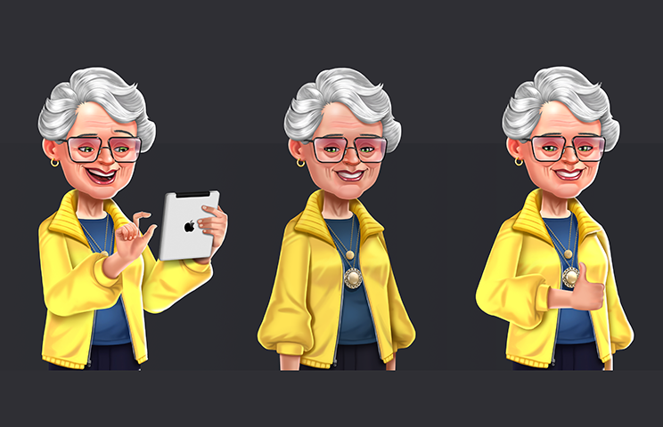 2D grandma character design - a character with 3 poses