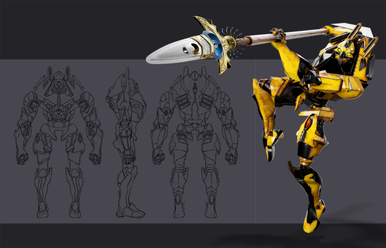 Character concept art - model sheet - Concept art of a futuristic robotic warrior in yellow and black armor