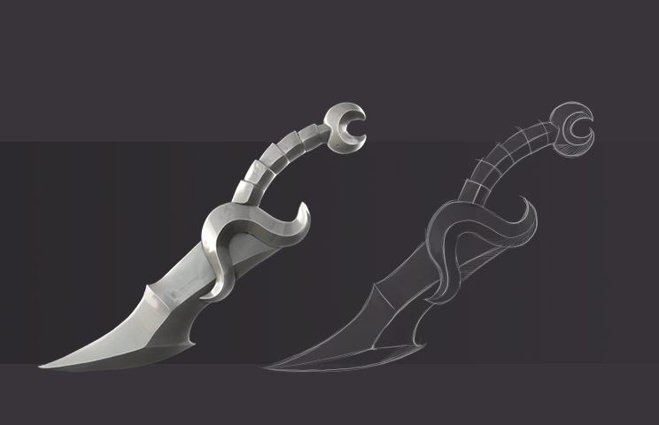 3D art - 3D sculpting - 3D weapon sculpting - 3D sculpt of a curved dagger with intricate handle design